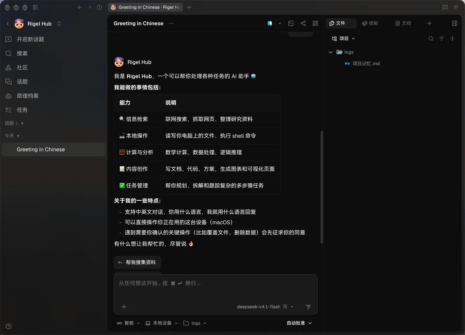 Rigel Hub 对话界面